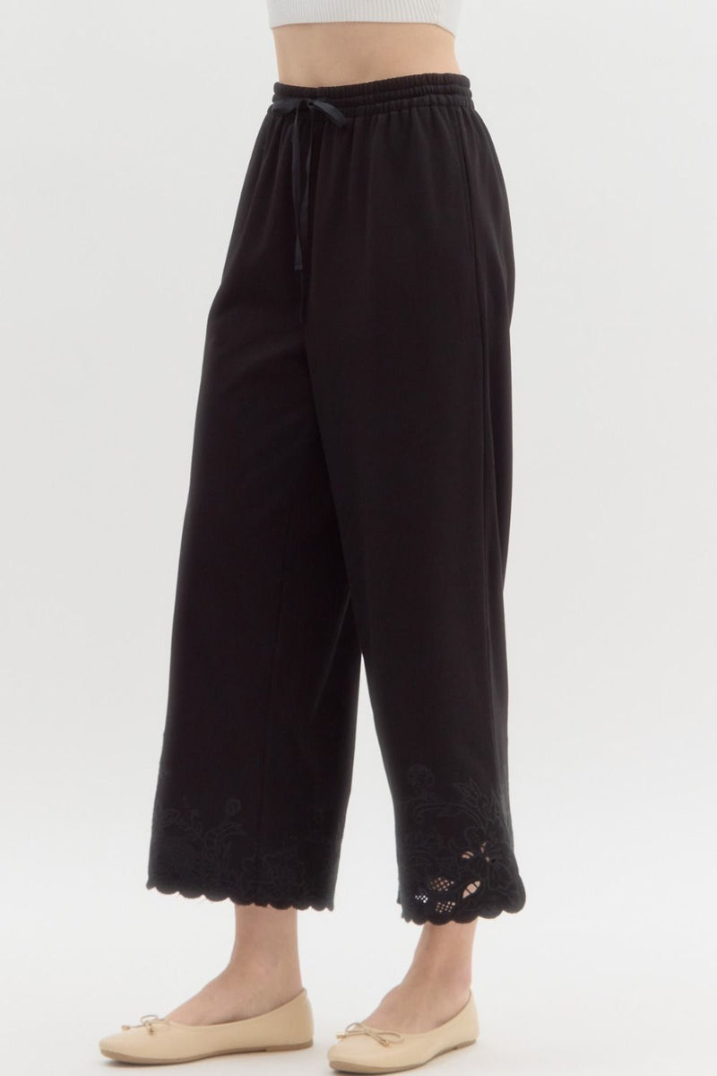 Scallop embroidered hem wide Ankle Pants in black