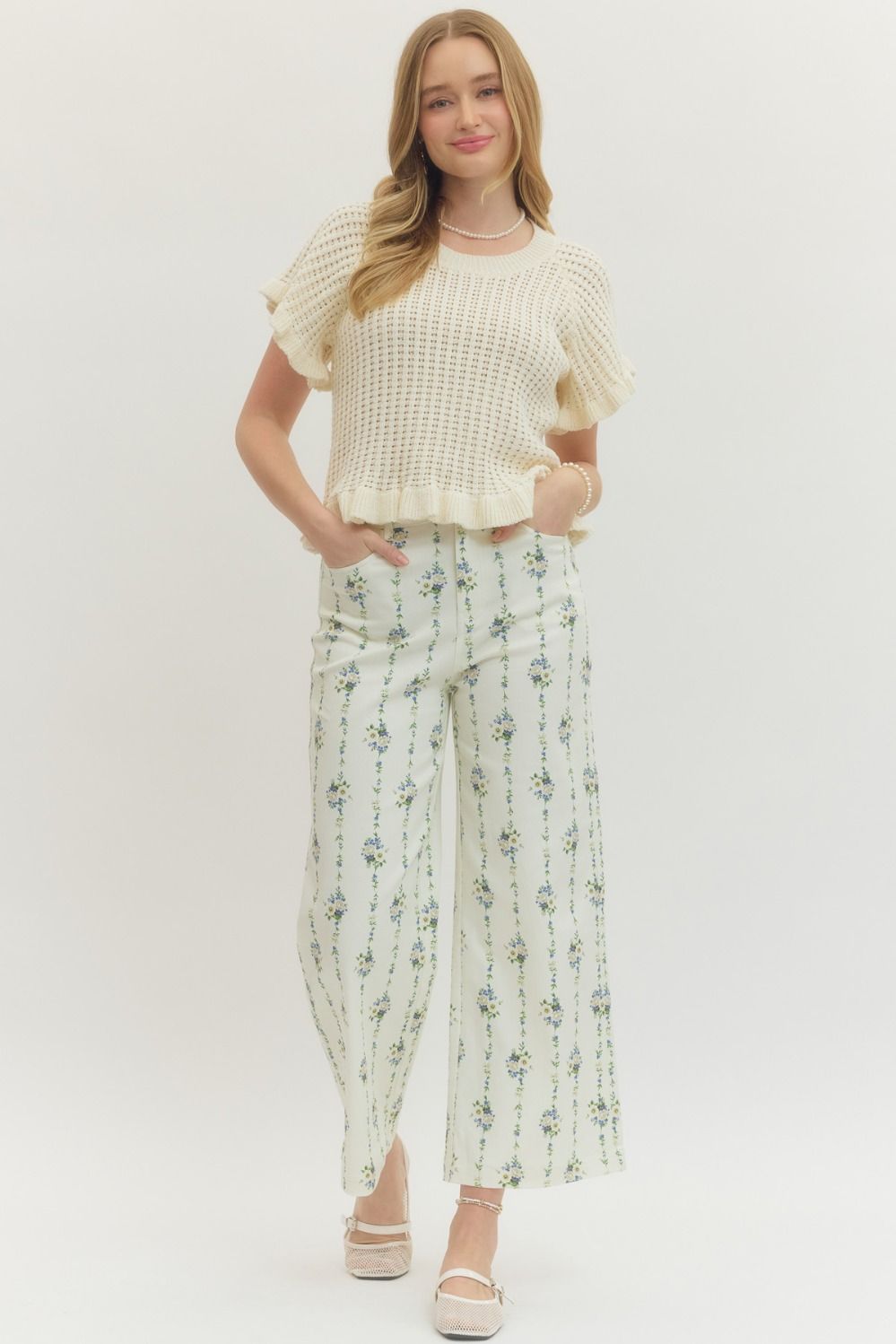 Botanical Bloom Floral Vertical Print Wide Leg Pants