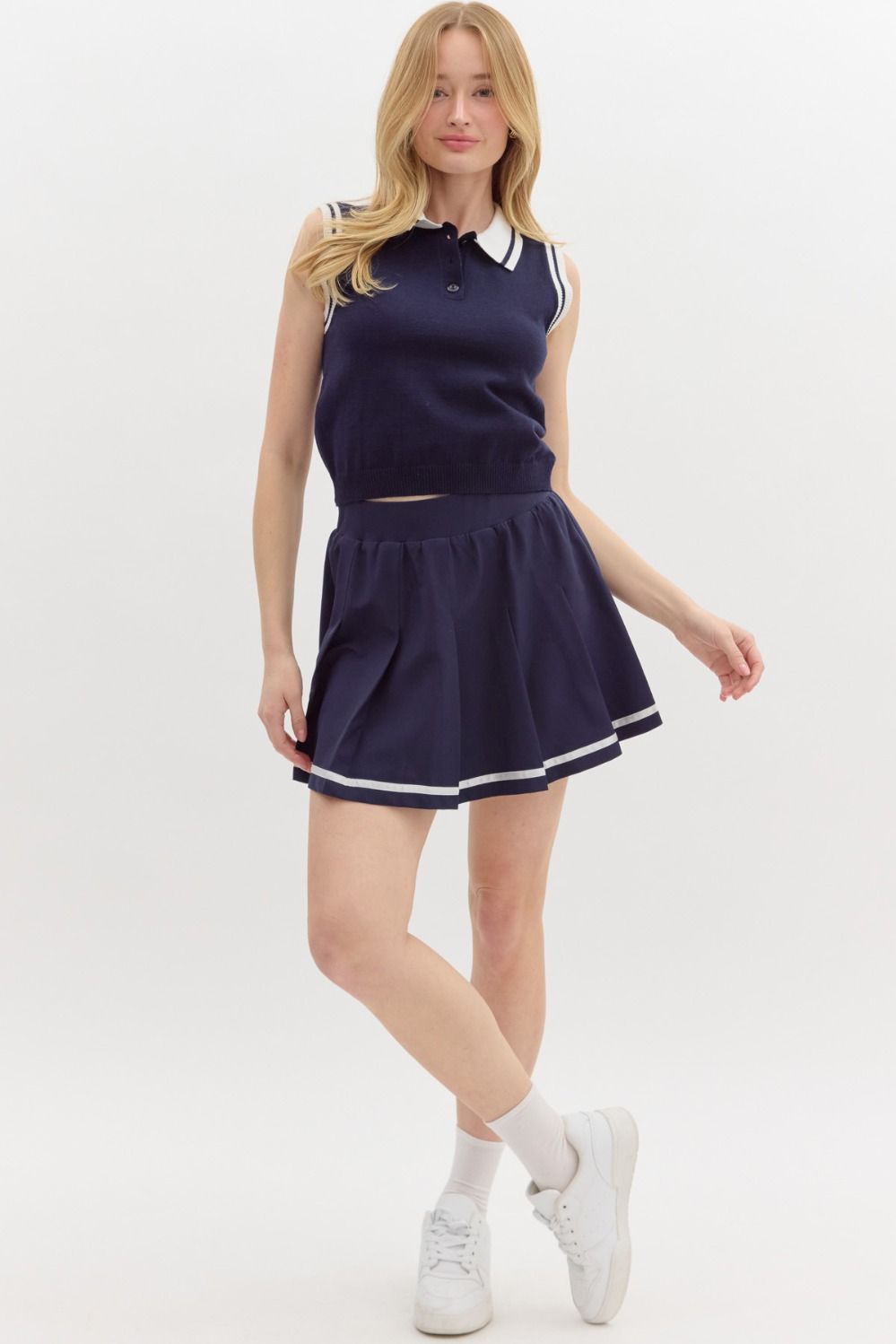 solid Varsity Pleated Mini Skirt in navy