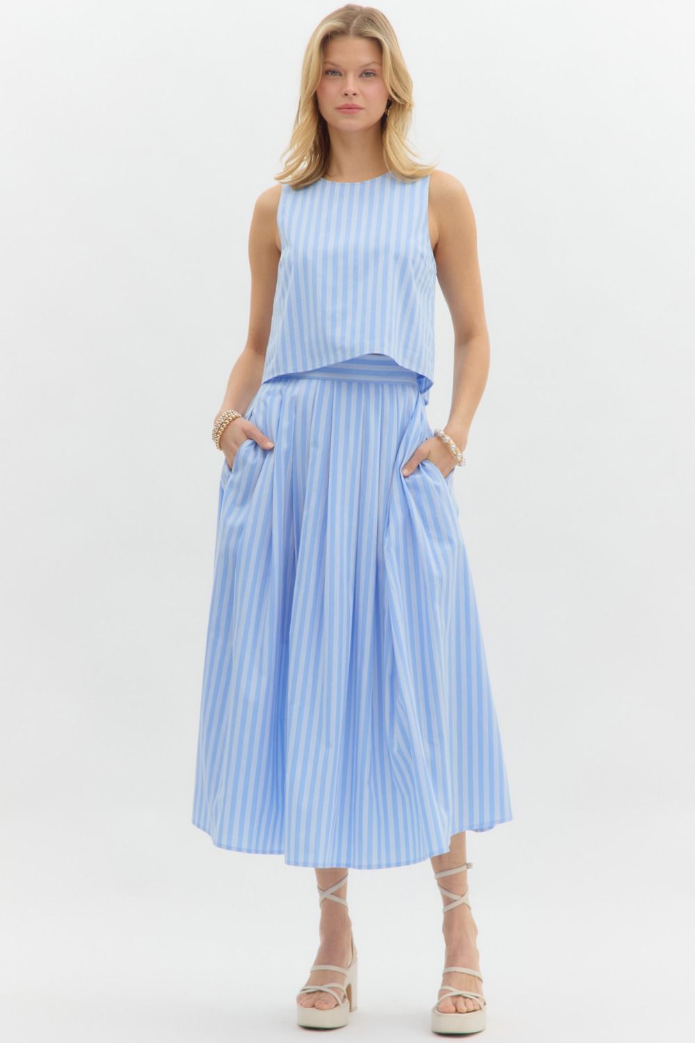 striped high waisted pleated midi skirt in blue