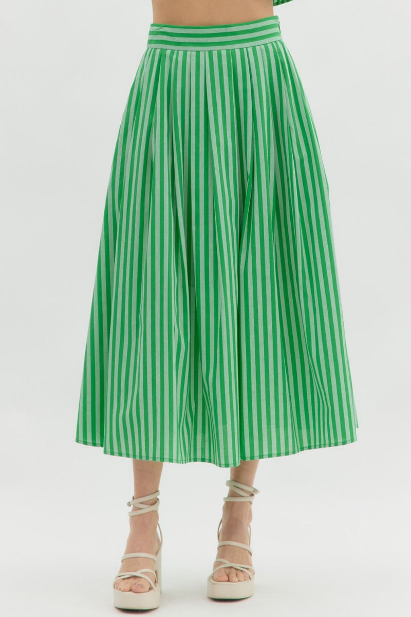 striped high waisted pleated midi skirt in green 