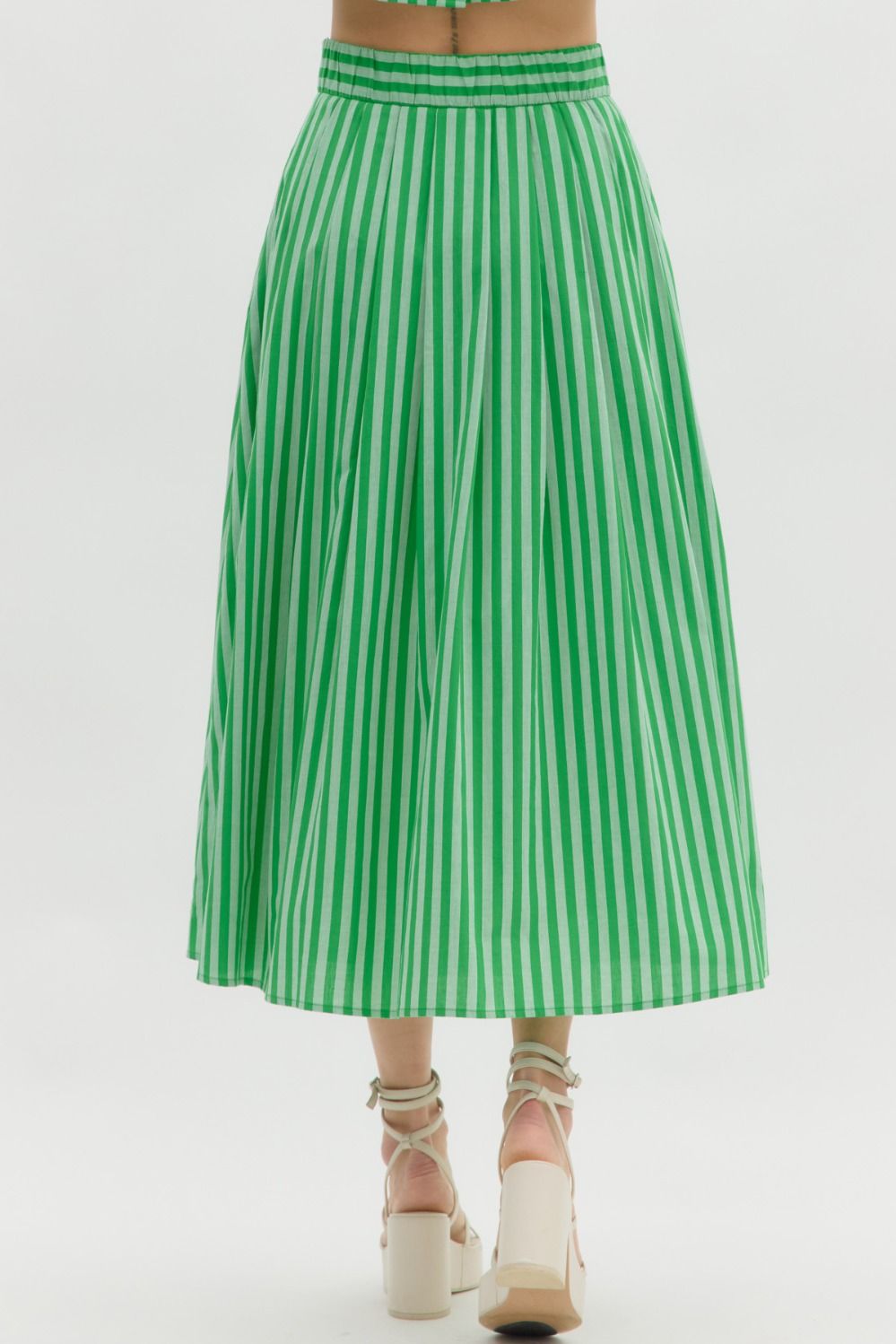 striped high waisted pleated midi skirt in green 