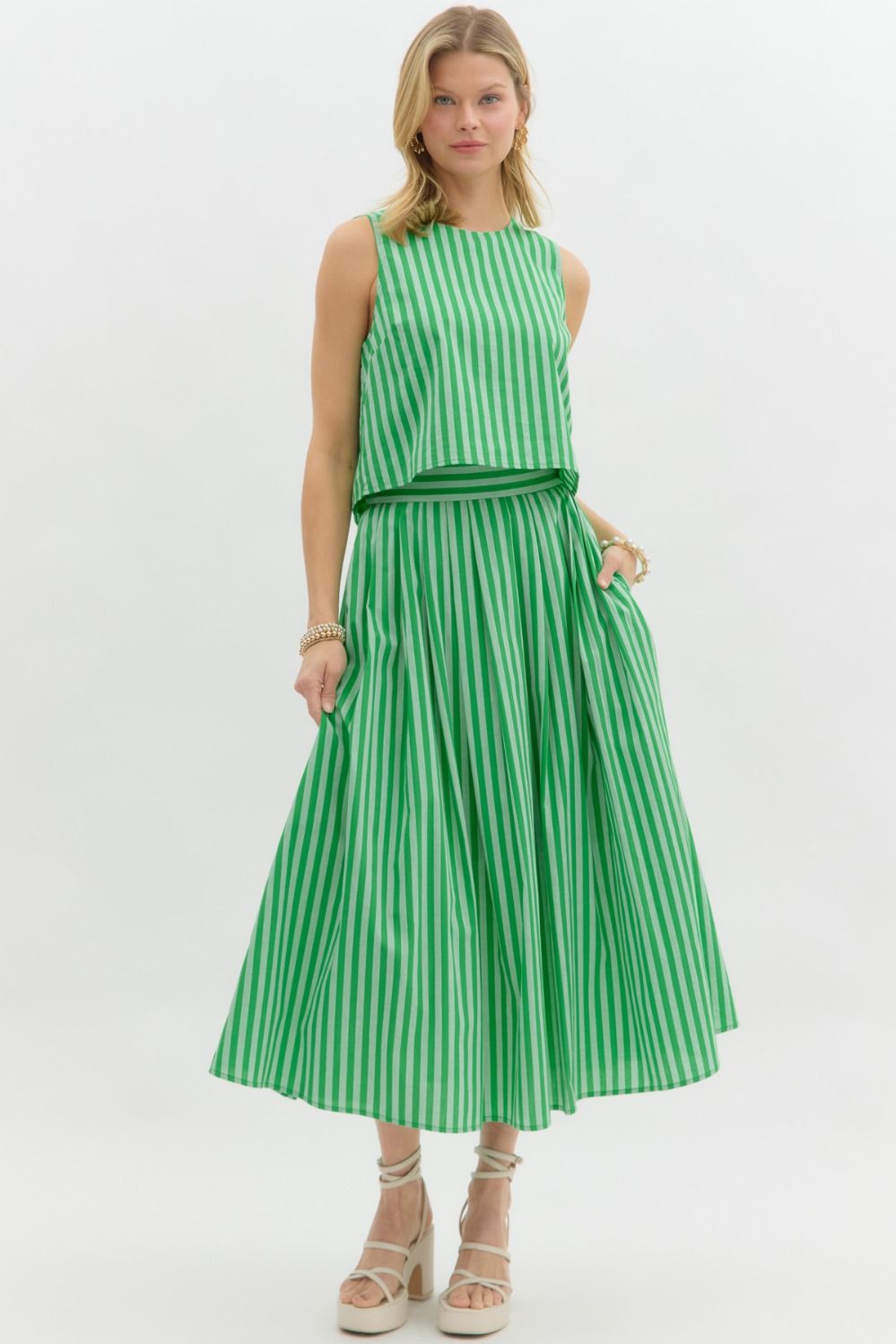 striped high waisted pleated midi skirt in green 