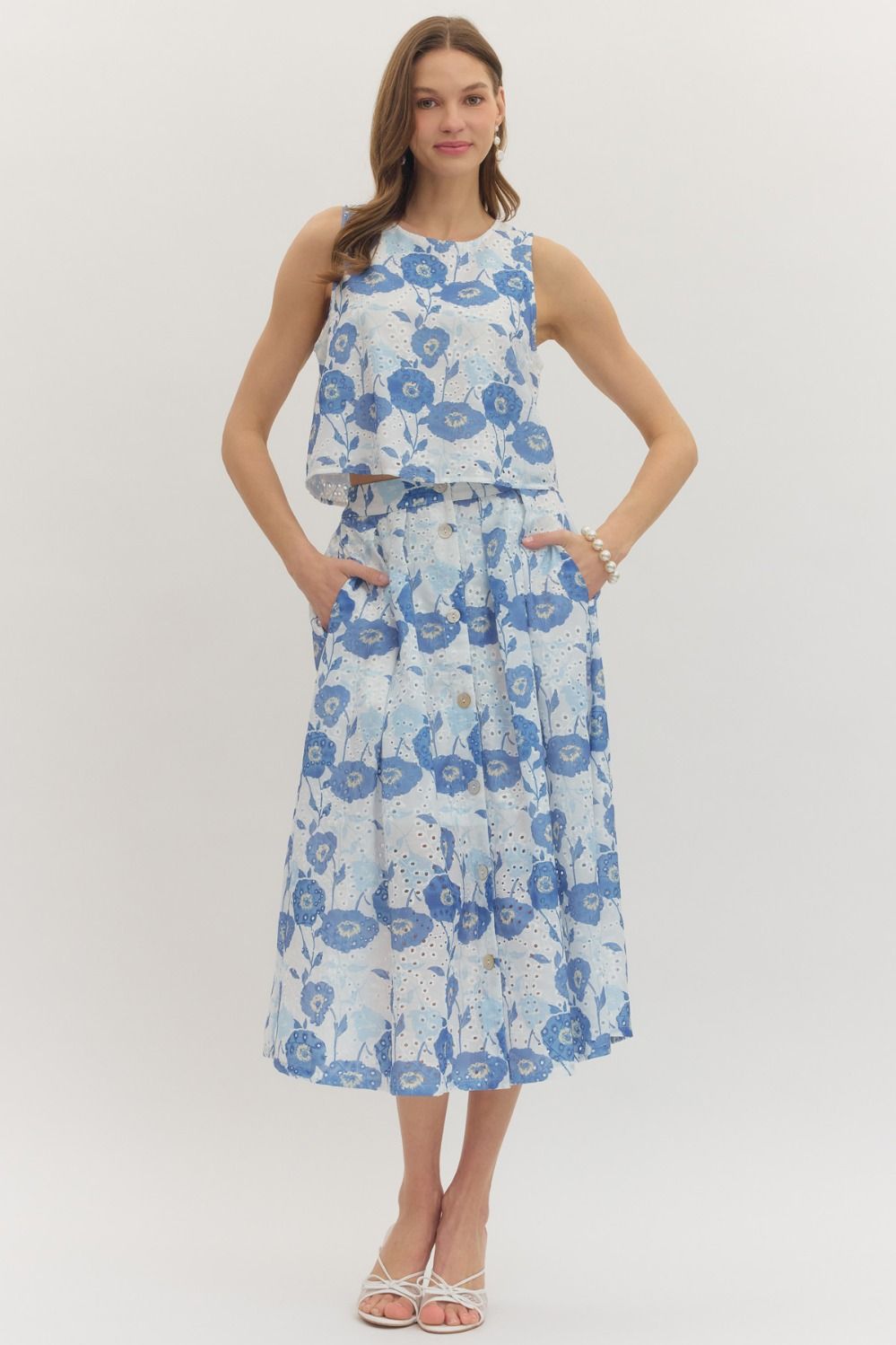 Bloom & Breeze Floral Eyelet Midi Skirt