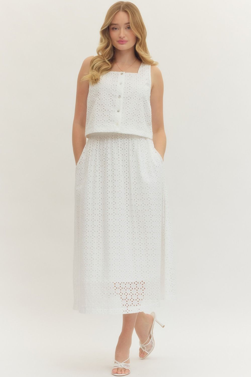 Solid Eyelet Midi Skirt
