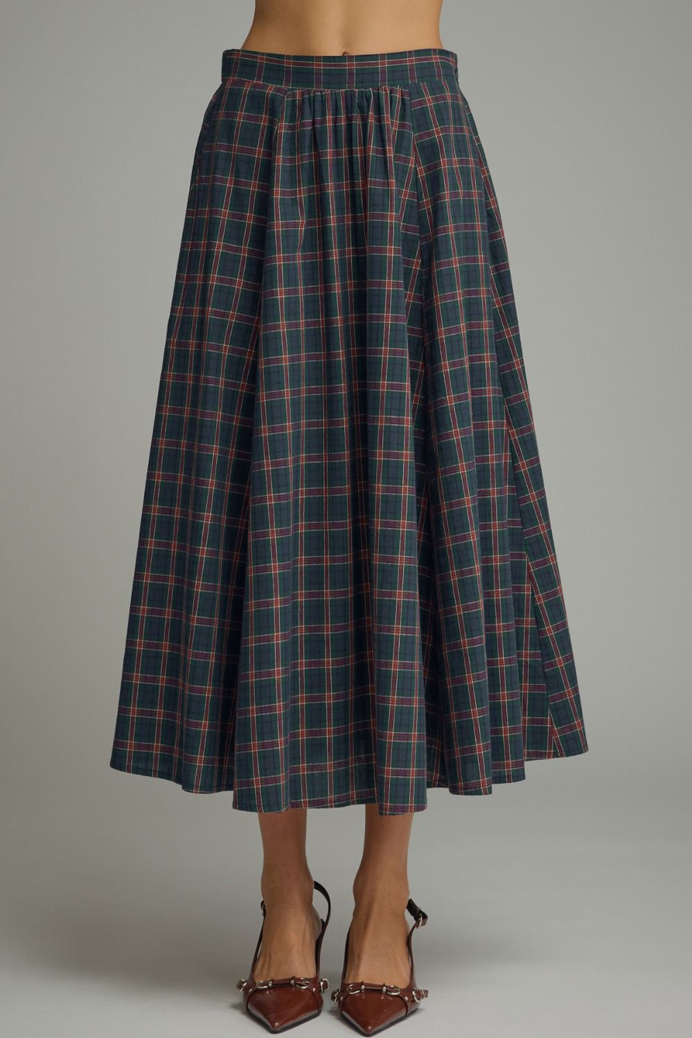 October Plaid Gathered Midi Skirt