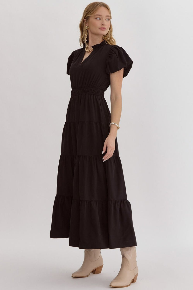 bubble sleeve tiered midi dress in black-side