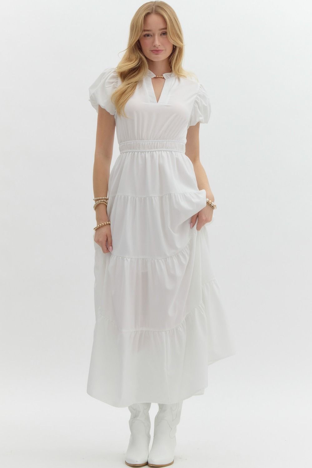 Bubble Sleeve Tiered Midi Dress