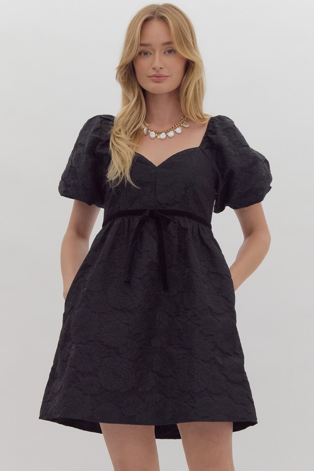 Floral Embroidered Babydoll Mini Dress in black-front