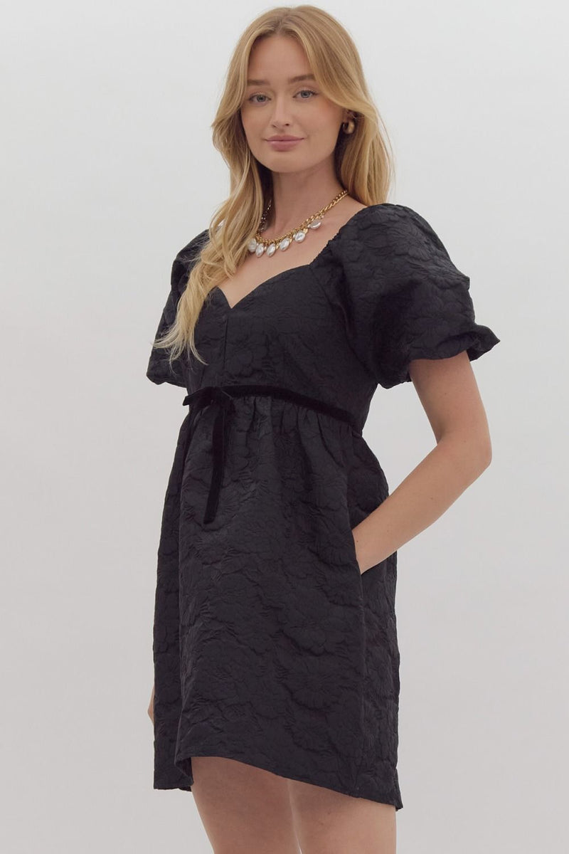 Floral Embroidered Babydoll Mini Dress in black-side