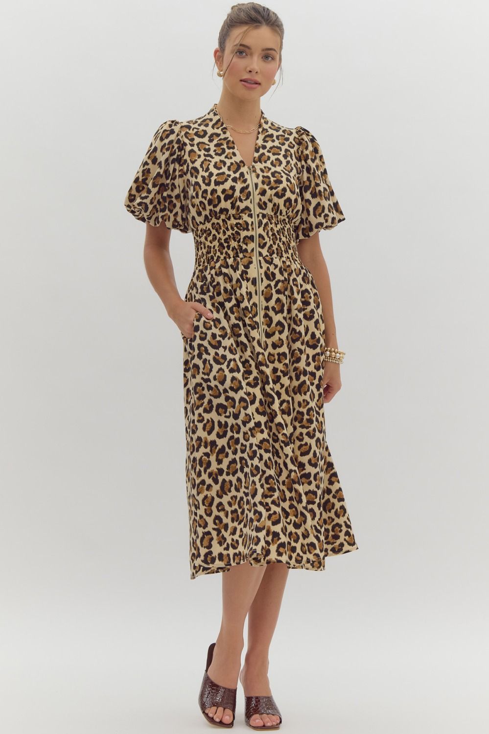 leopard print puff sleeve short sleeve midi dress-front