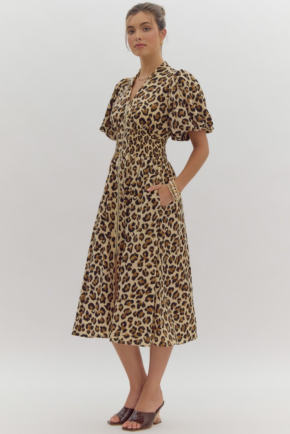 leopard print puff sleeve short sleeve midi dress-front