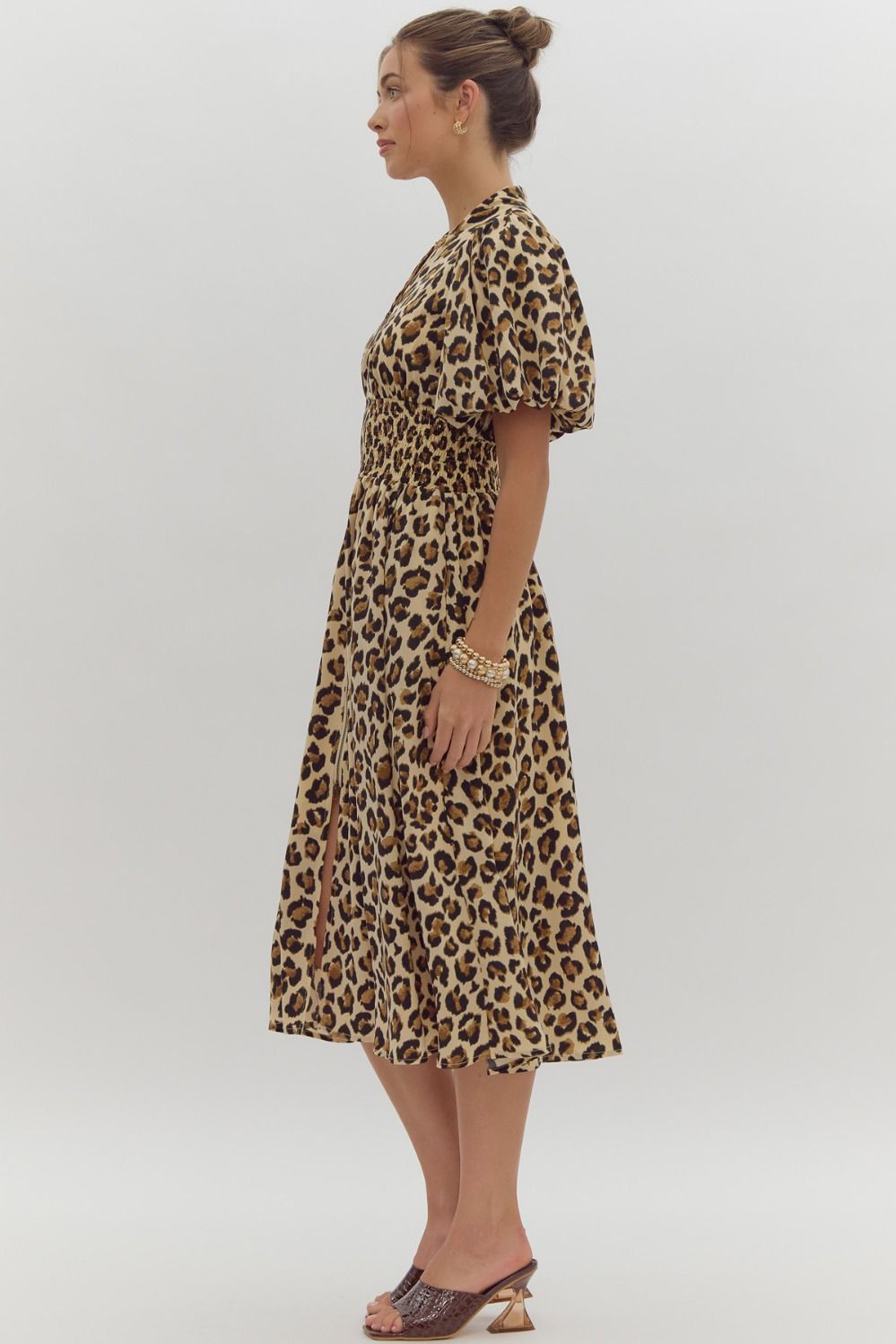 leopard print puff sleeve short sleeve midi dress-side