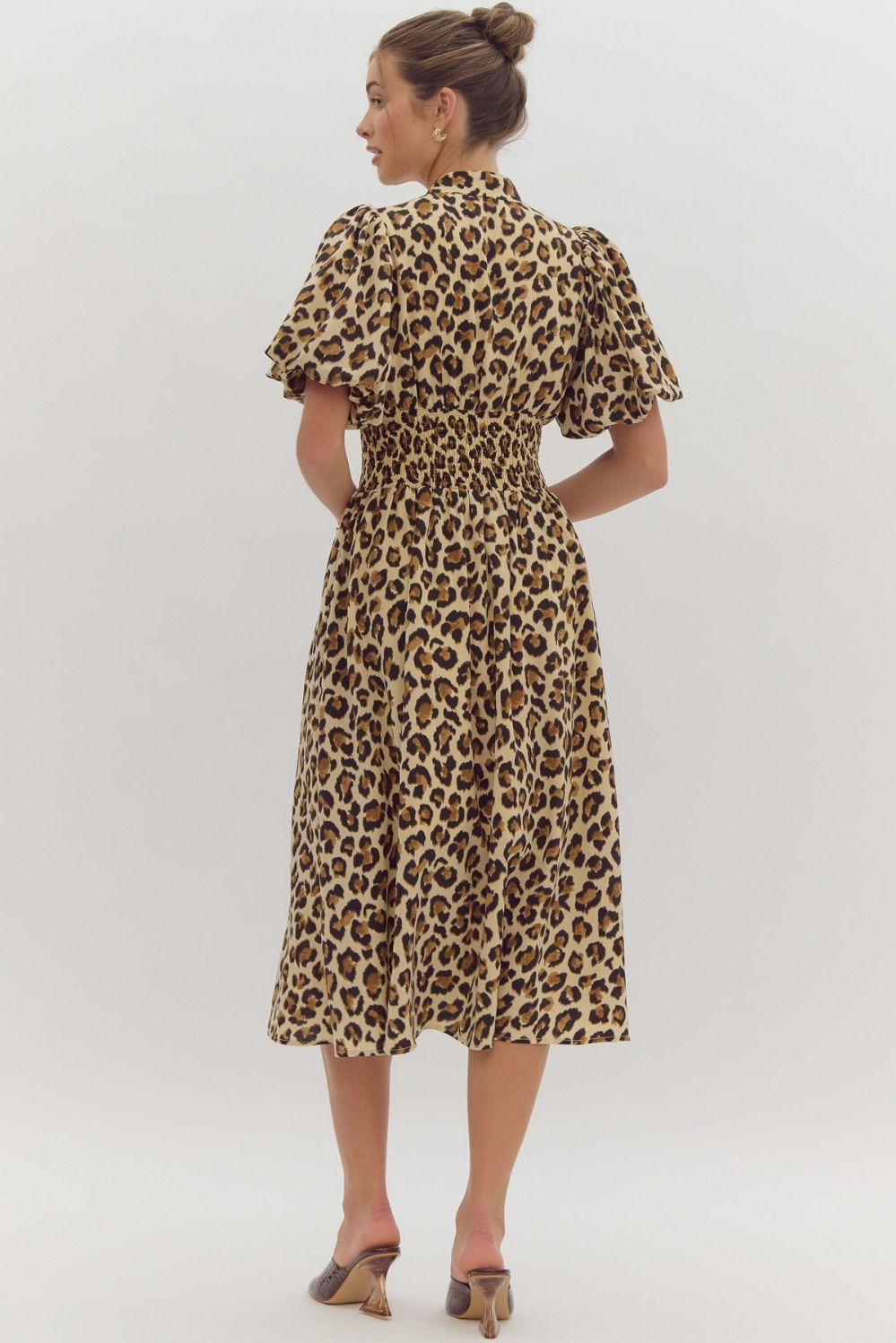 leopard print puff sleeve short sleeve midi dress-back