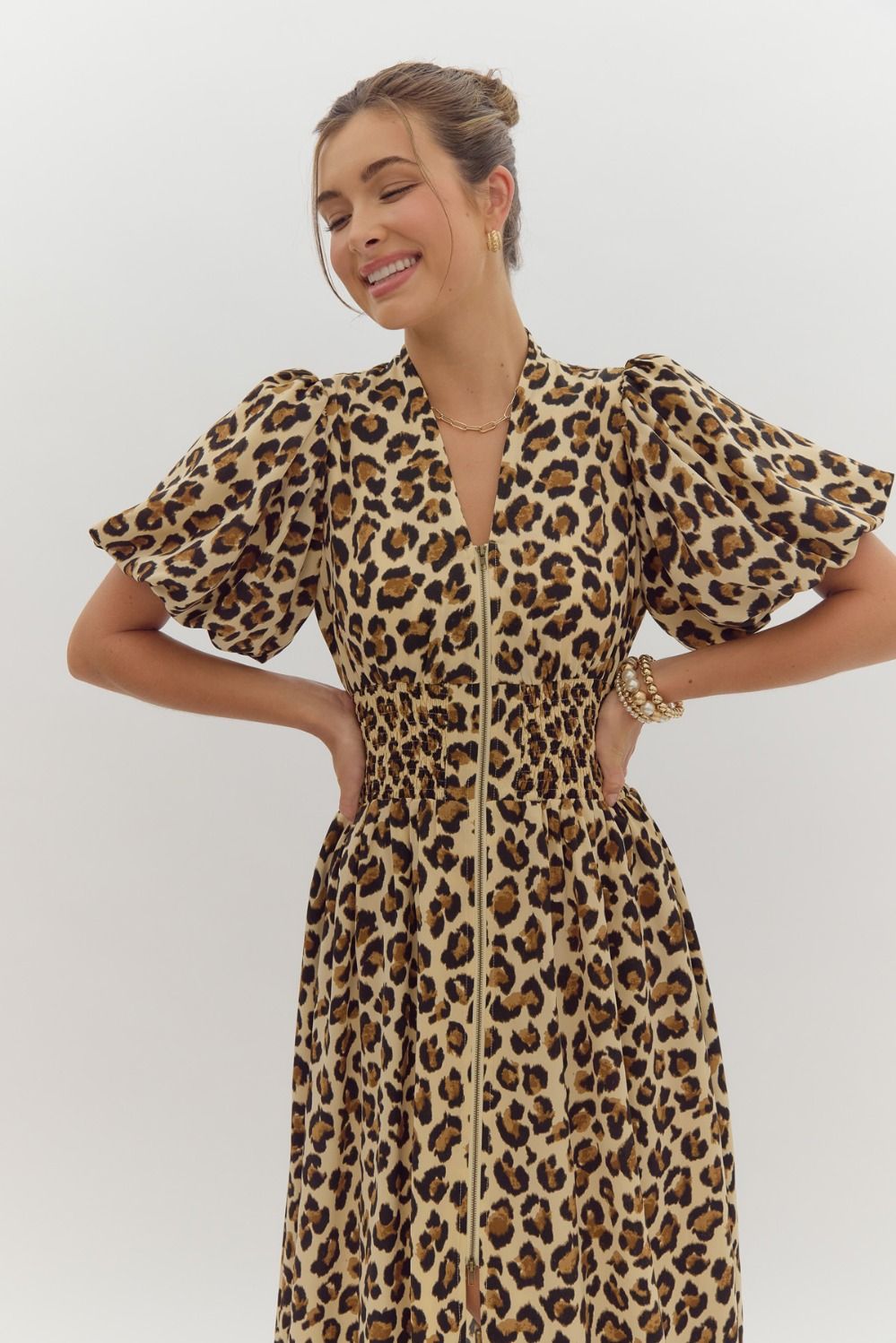 leopard print puff sleeve short sleeve midi dress-front