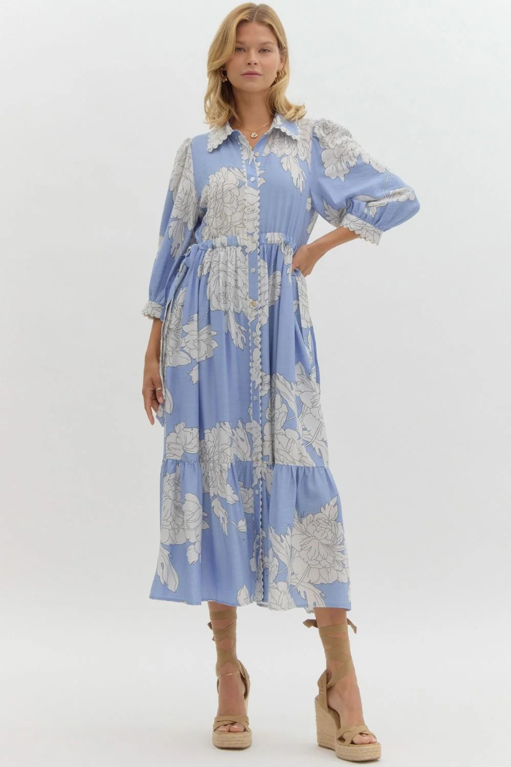 entro floral print button up midi dress in blue 