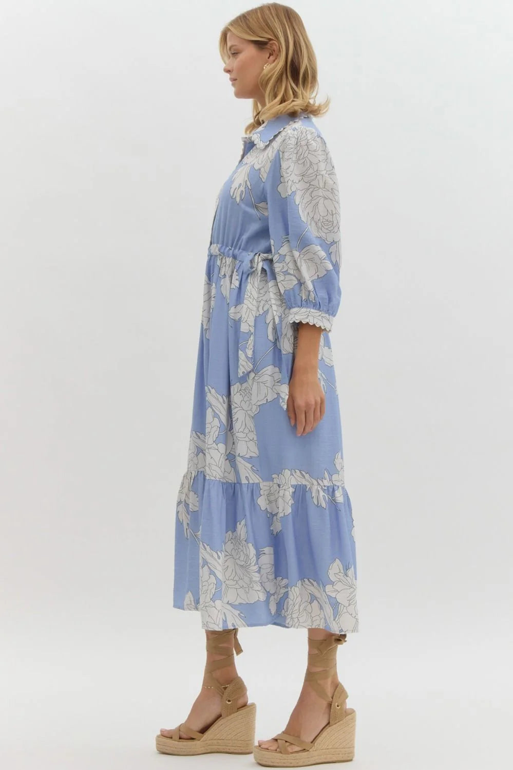 entro floral print button up midi dress in blue 