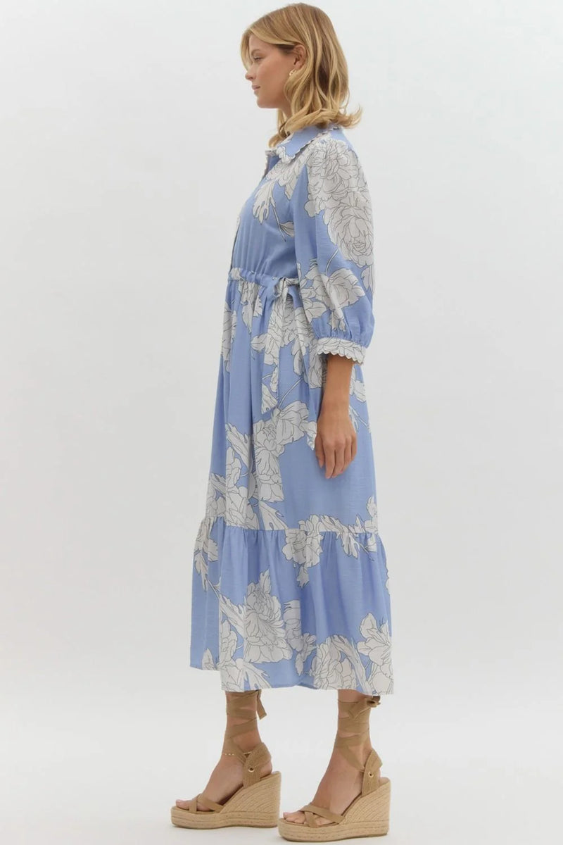 entro floral print button up midi dress in blue 