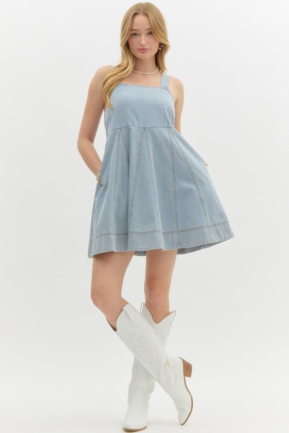 Denim Babydoll Mini Dress in light denim