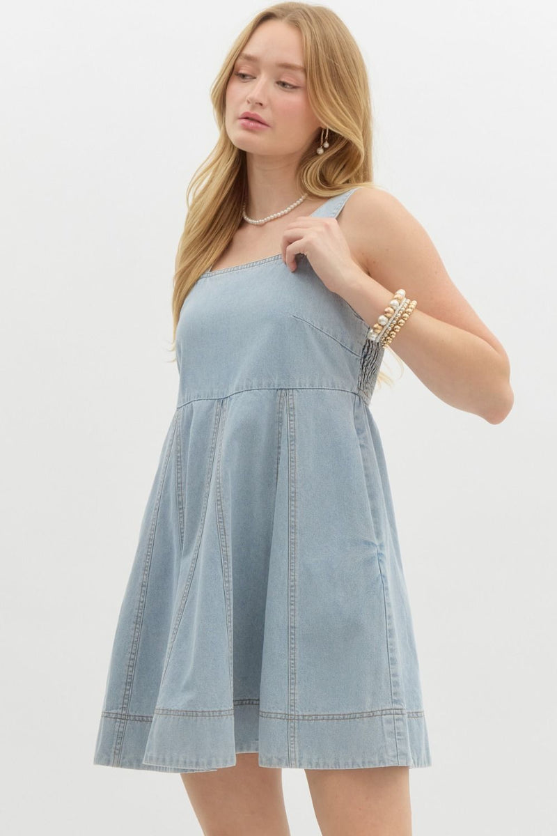 Denim Babydoll Mini Dress in light denim