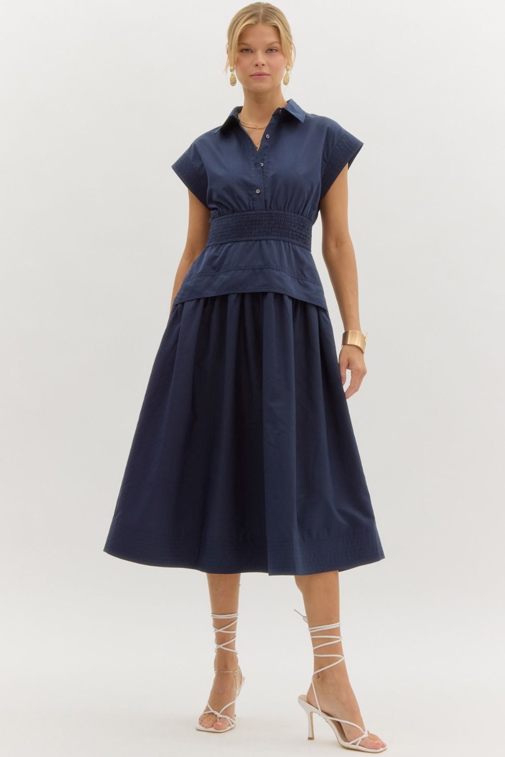 cap sleeve smock waist midi dress in navy-1