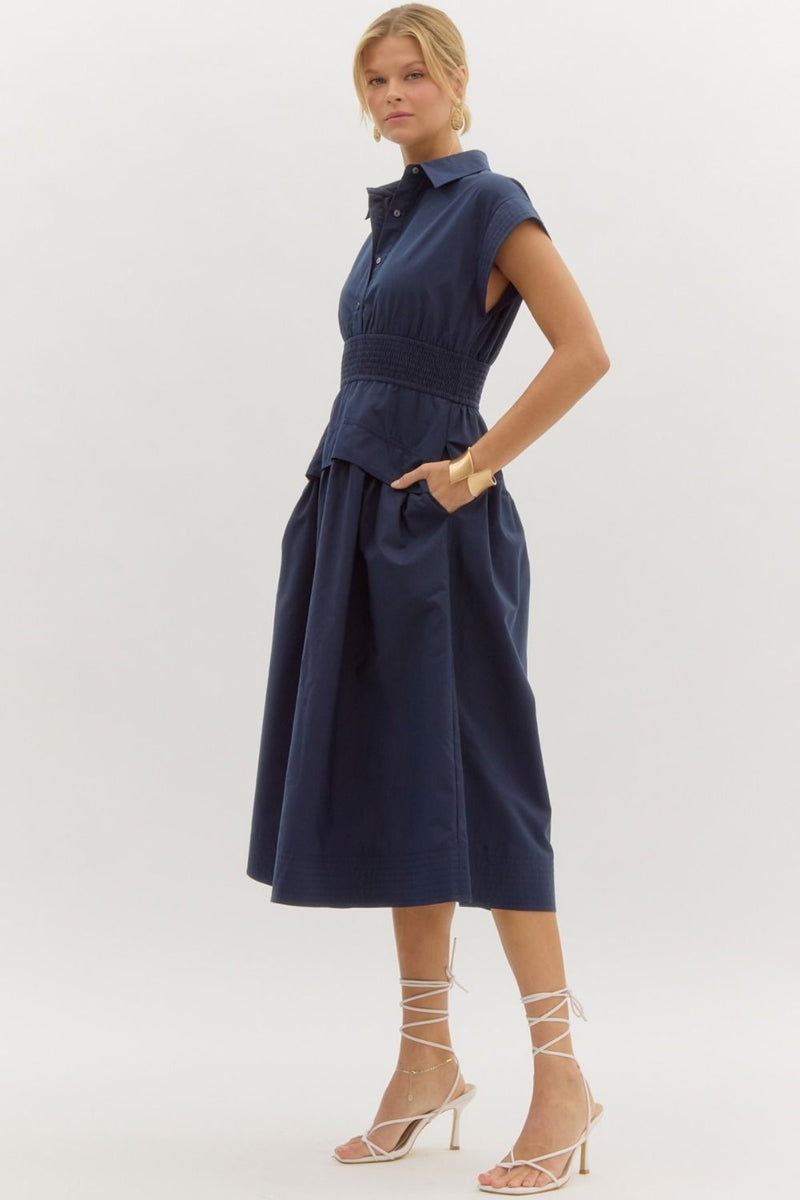 cap sleeve smock waist midi dress in navy-2
