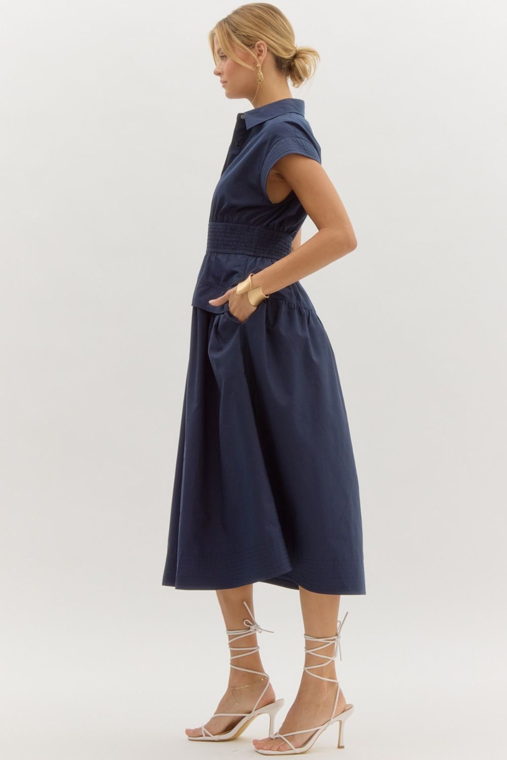 cap sleeve smock waist midi dress in navy-3