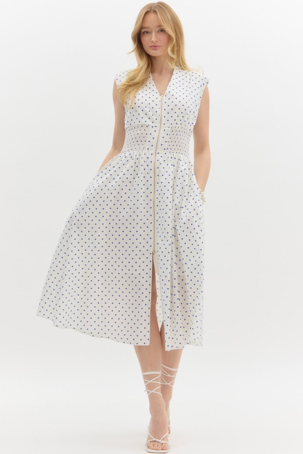 Polka dot print v-neck sleeveless midi dress in cream