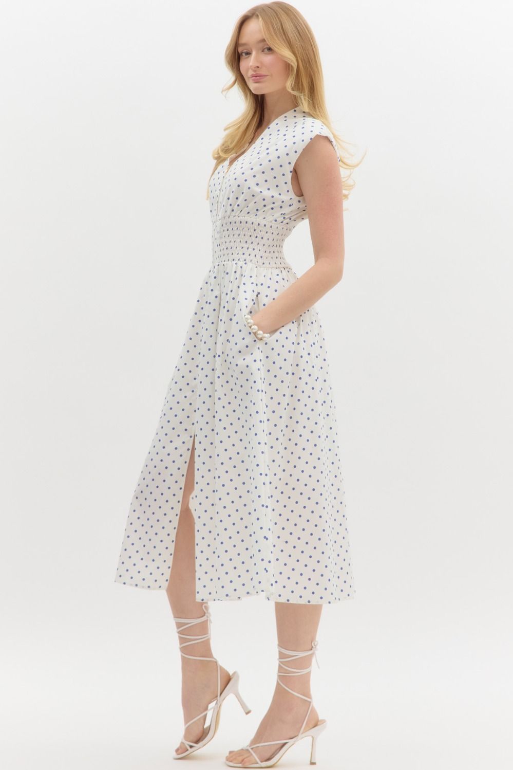 Polka dot print v-neck sleeveless midi dress in cream