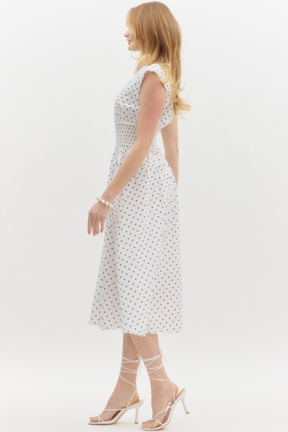 Polka dot print v-neck sleeveless midi dress in cream