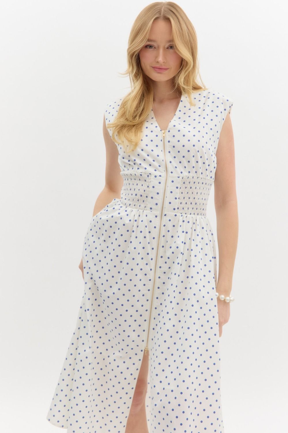 Polka dot print v-neck sleeveless midi dress in cream