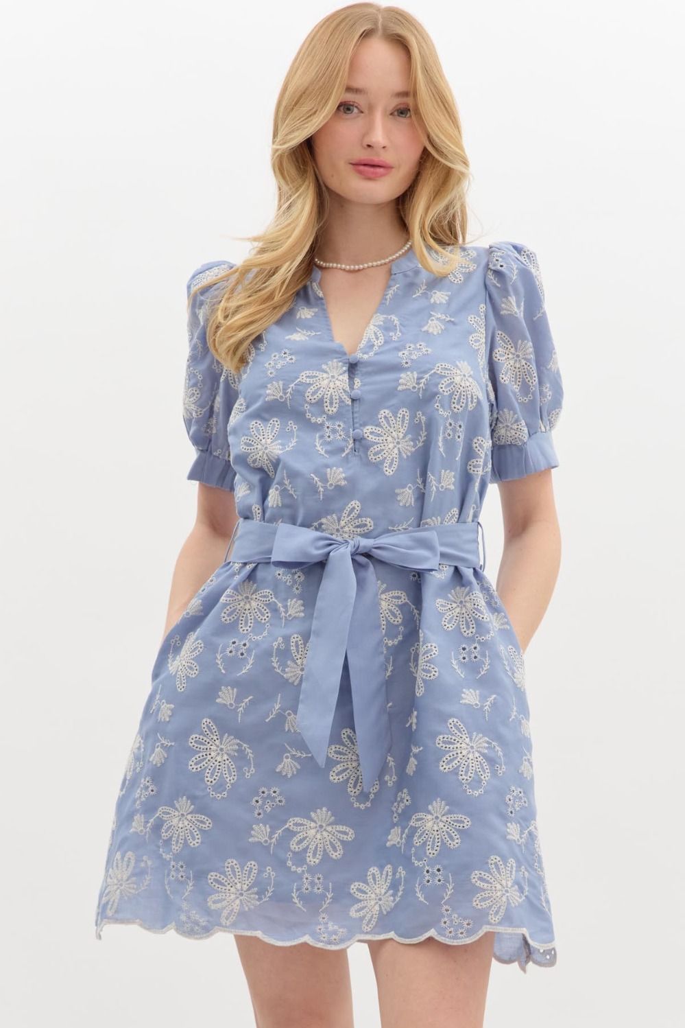 Floral Eyelet 1/2 sleeve button Mini dress in blue