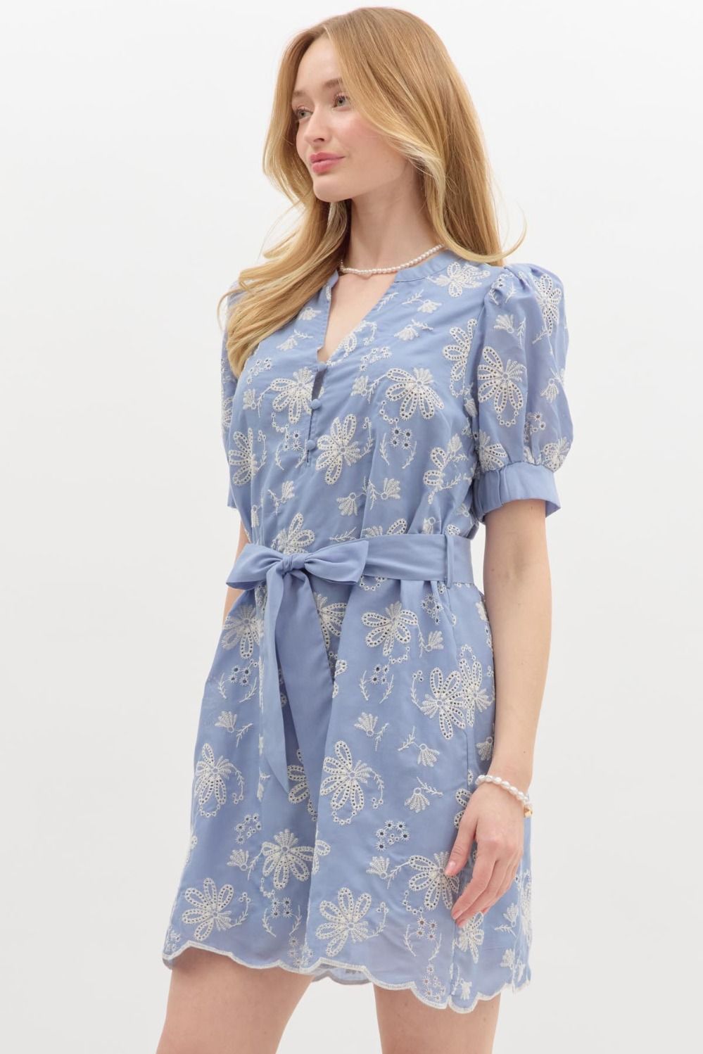 Floral Eyelet 1/2 sleeve button Mini dress in blue