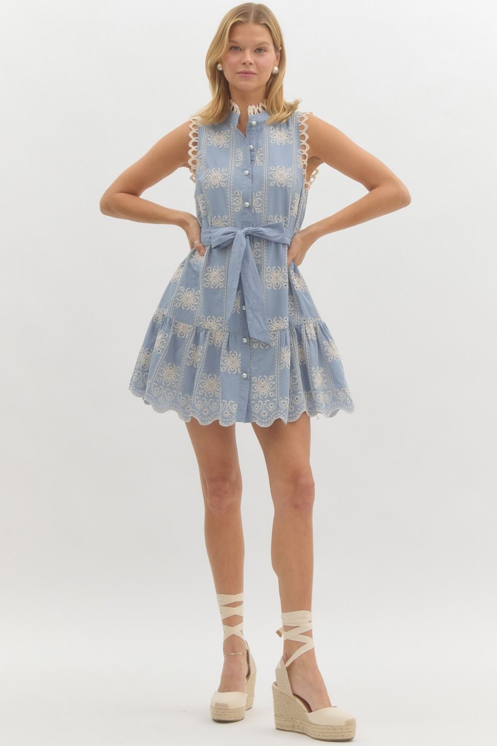 Embroidered sleeveless mini ruffle swing dress in blue