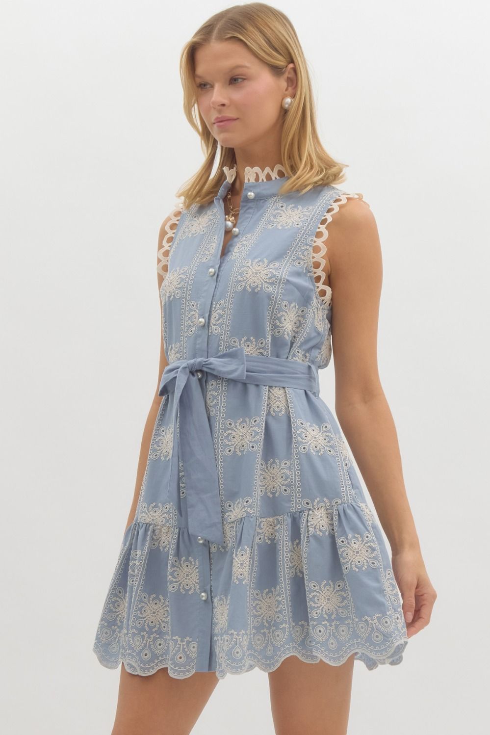 Embroidered sleeveless mini ruffle swing dress in blue