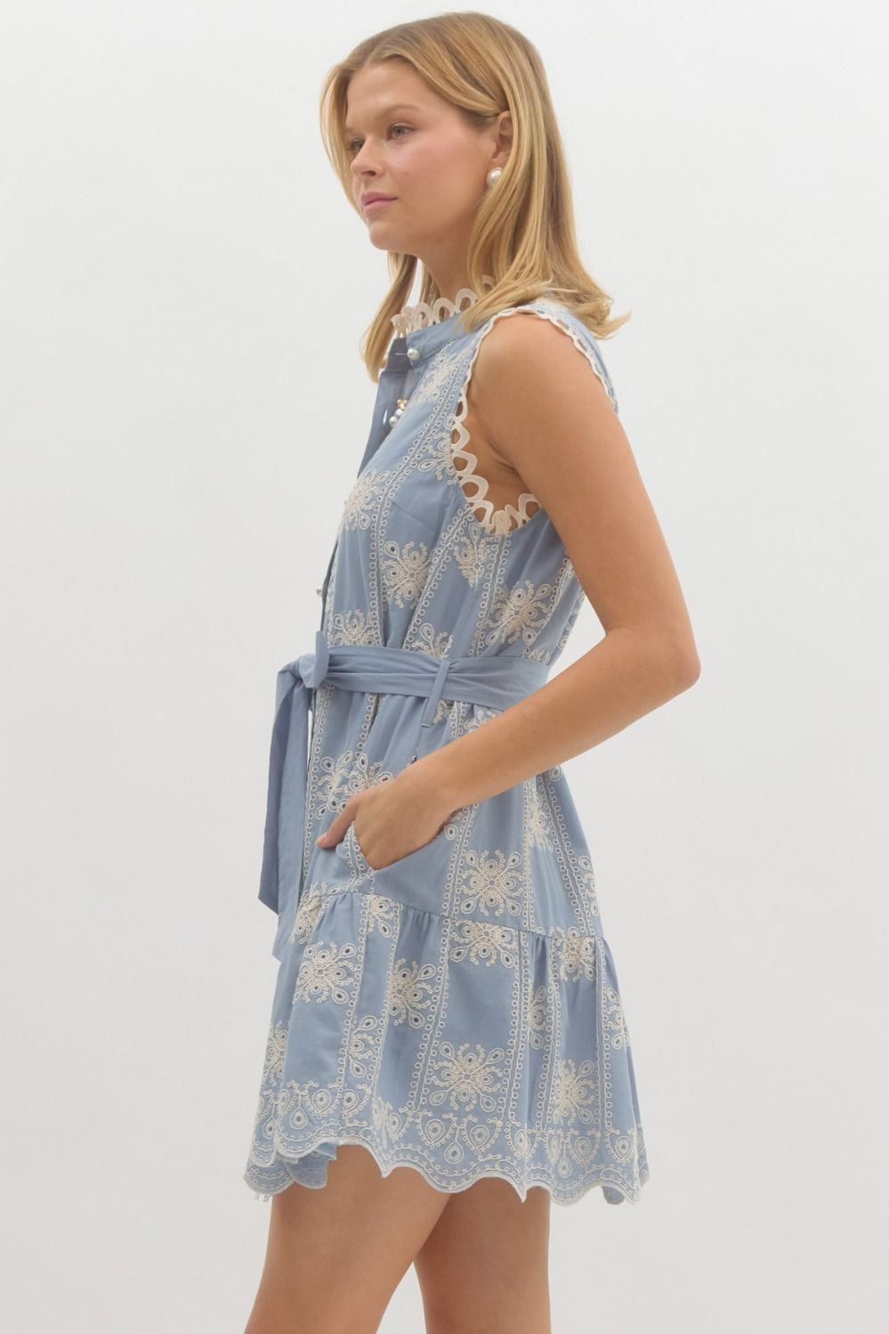 Embroidered sleeveless mini ruffle swing dress in blue