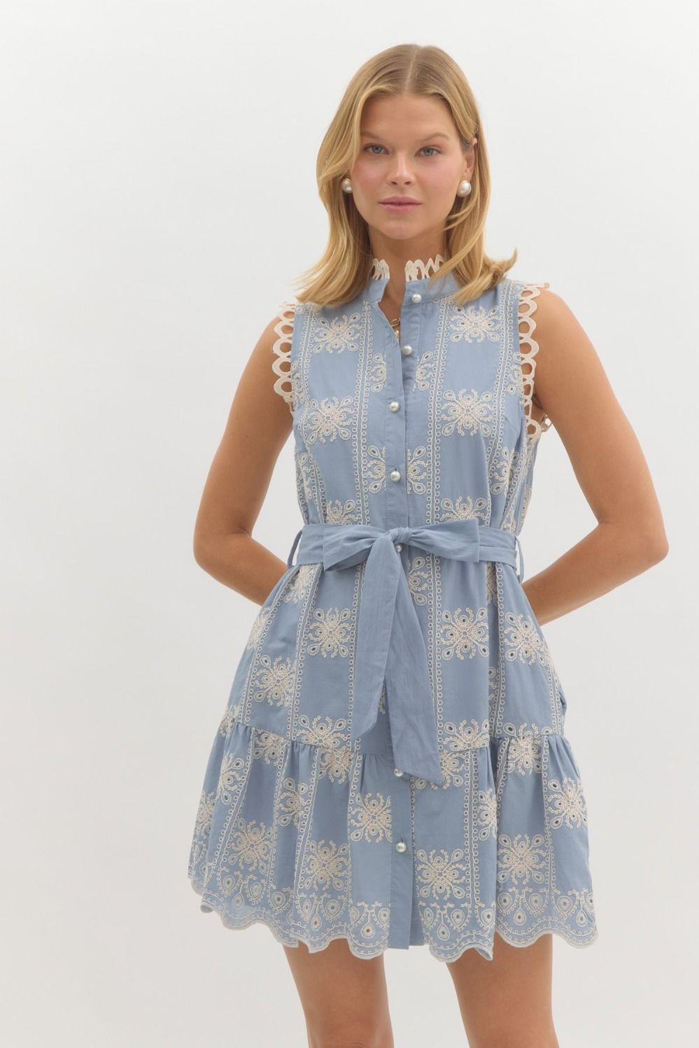 Embroidered sleeveless mini ruffle swing dress in blue