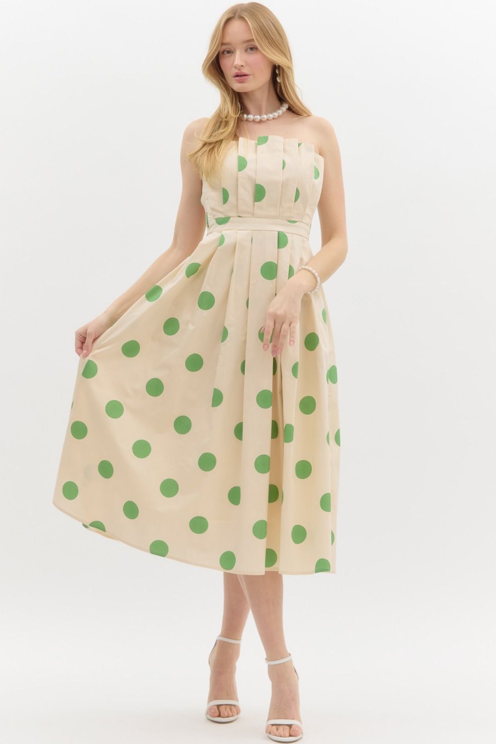 strapless polka dot print pleated dress in cream  & green