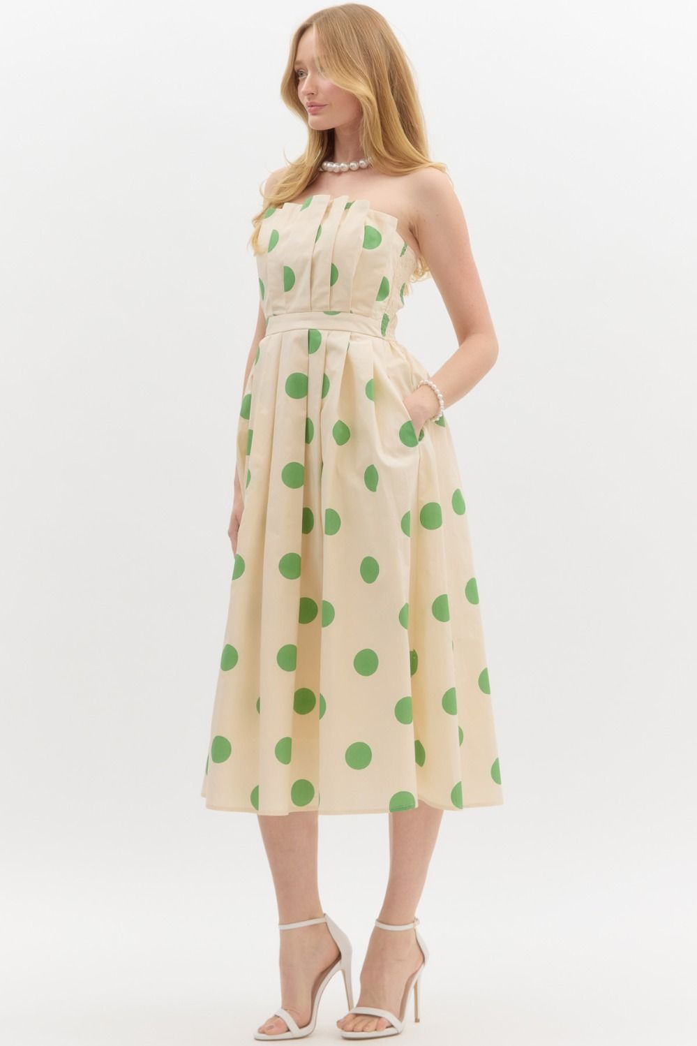 strapless polka dot print pleated dress in cream  & green