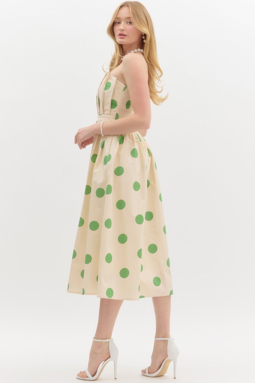 strapless polka dot print pleated dress in cream  & green