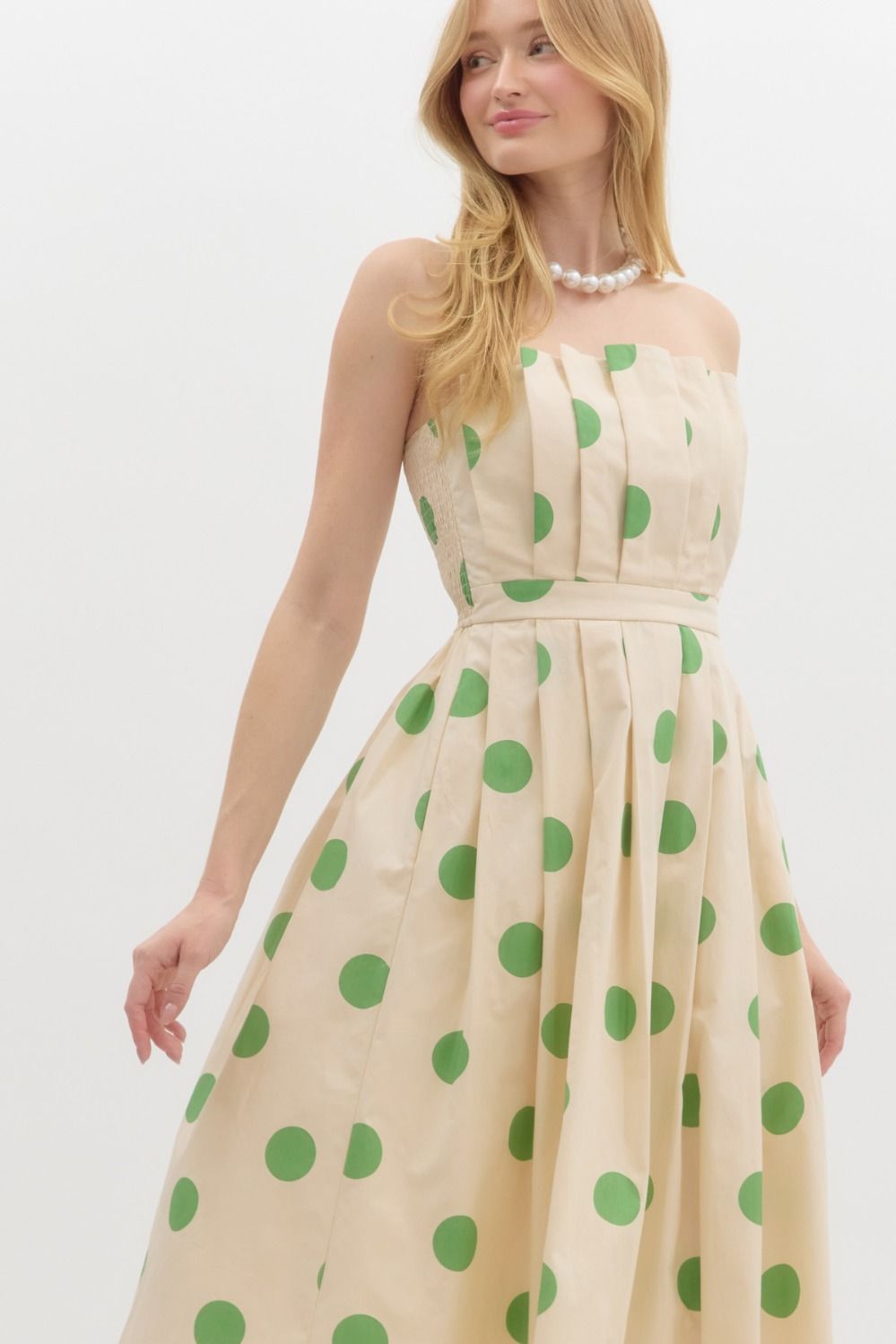 strapless polka dot print pleated dress in cream  & green