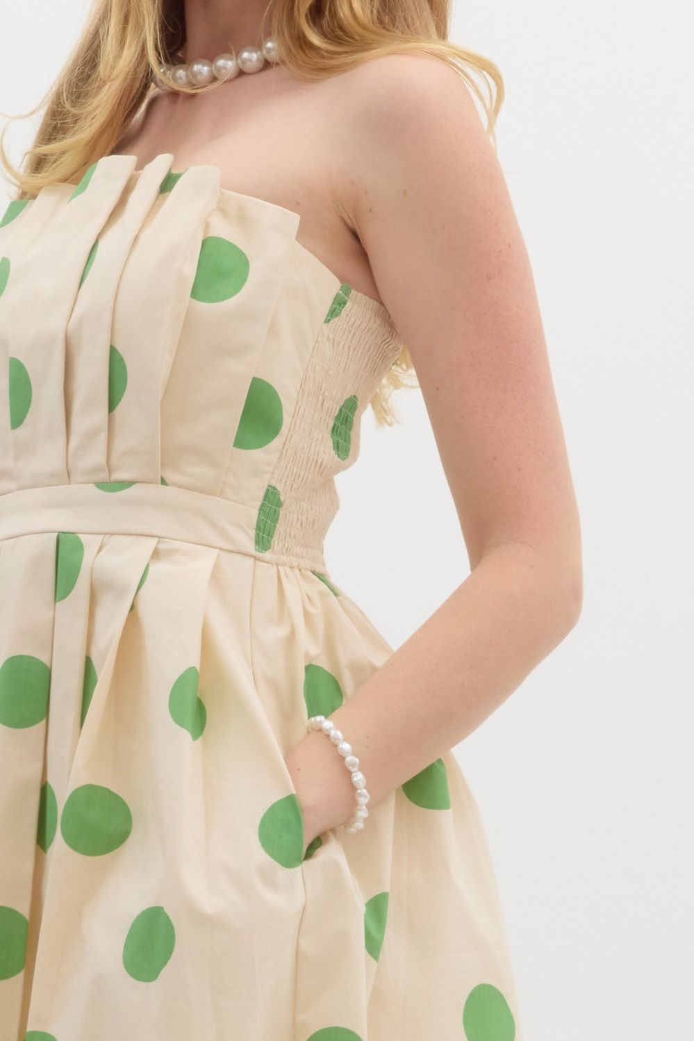 strapless polka dot print pleated dress in cream  & green