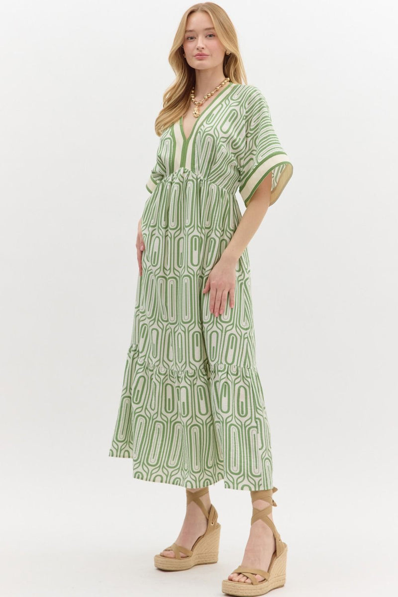 Abstract High Empire Maxi Dress in olive