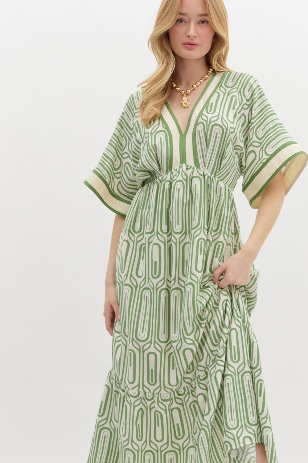 Abstract High Empire Maxi Dress in olive