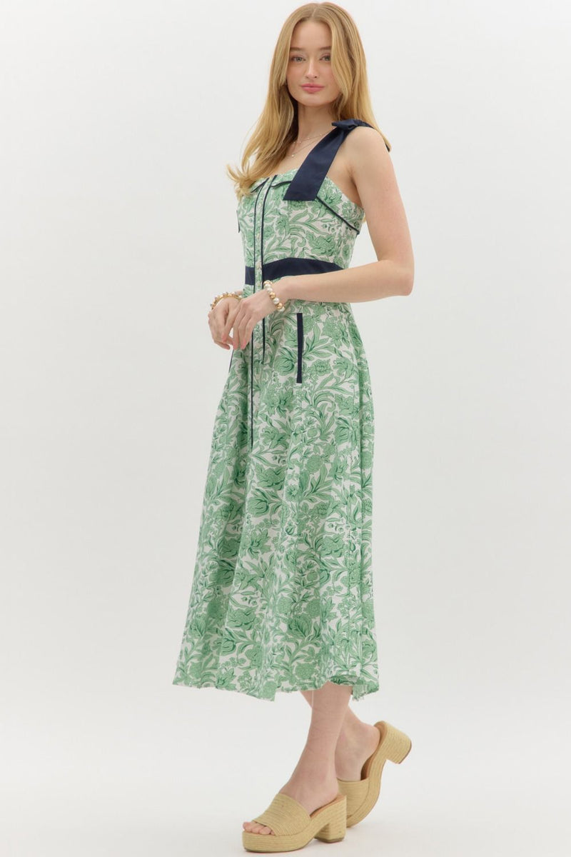 entro Floral Bow shoulder Strap Midi Dress in green 