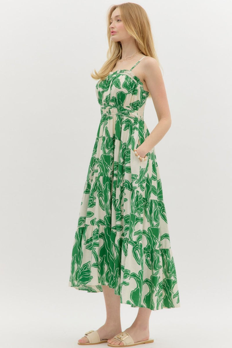 entro botanical shoulder strap midi dress in green