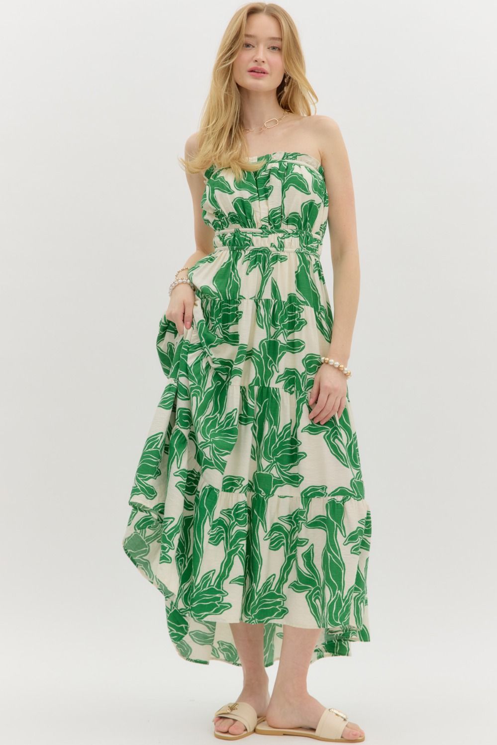 entro botanical shoulder strap midi dress in green