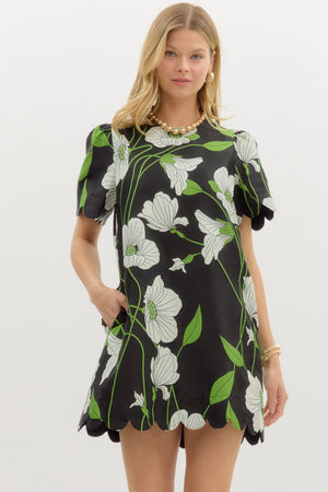 entro floral short sleeve scallop hem dress in black