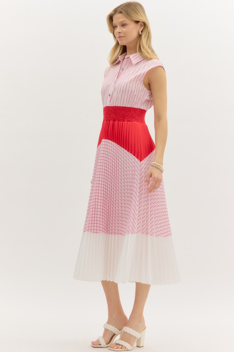 entro stripe and colorblocked sleeveless pleated midi dress in red