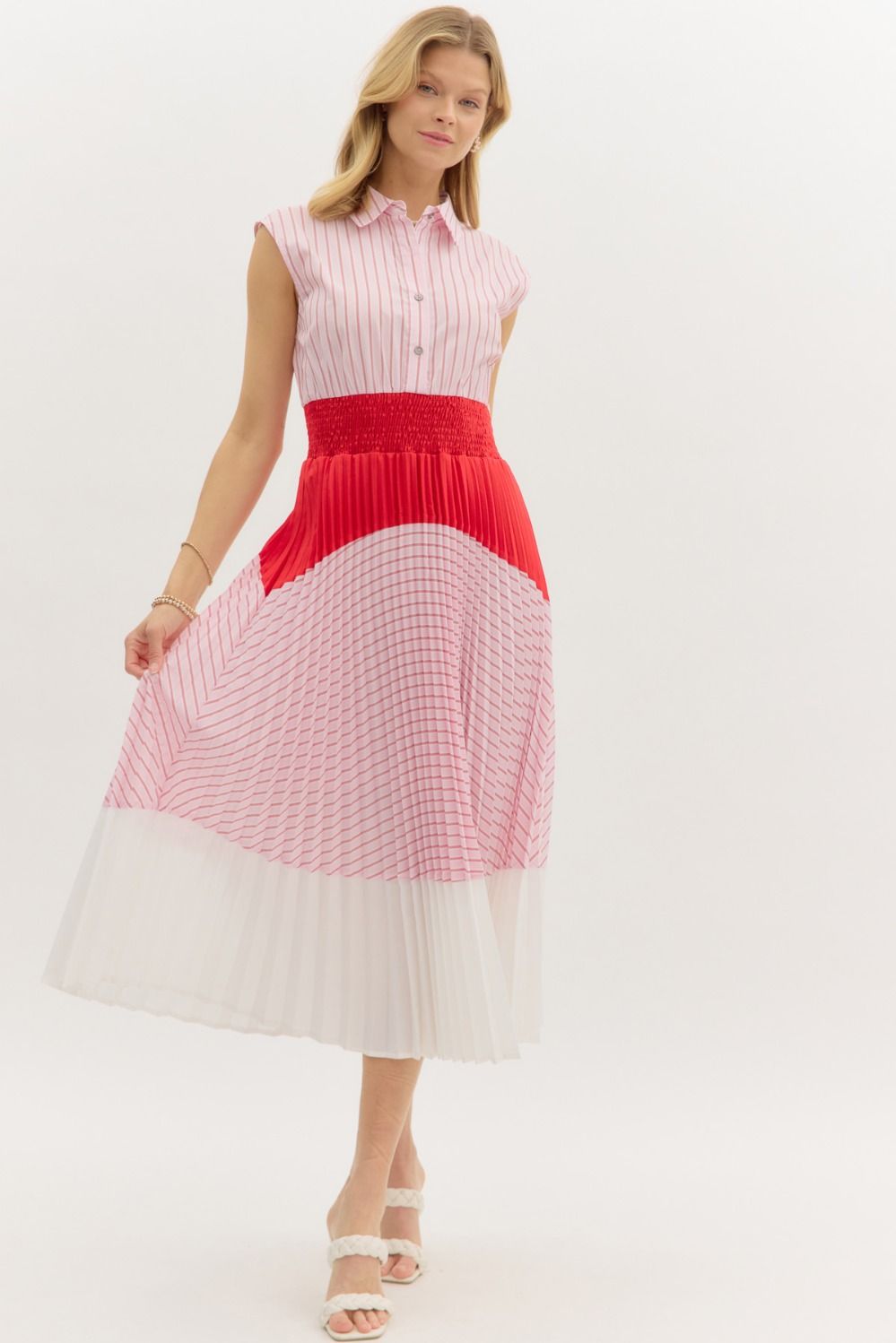 entro stripe and colorblocked sleeveless pleated midi dress in red